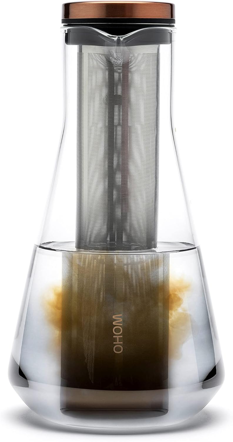 OHOM Sio Cold-Infusion Pitcher – 54 fl oz / 1600 mL Borosilicate Glass Pitcher with Micro-Fine 316 Stainless Steel Strainer & Copper-Plated Lid, Includes Measuring Scoop - Image 2